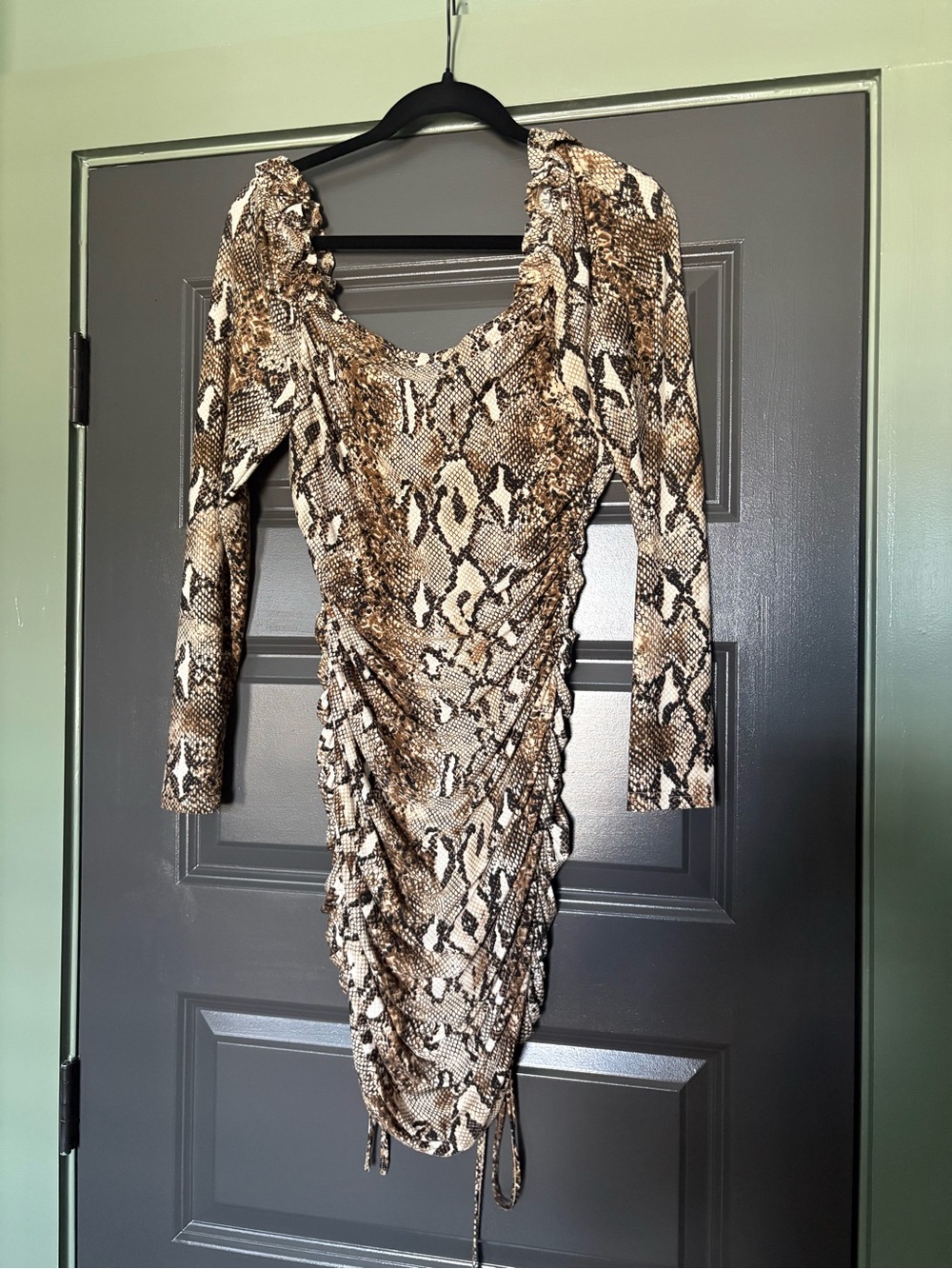 Ruched Snake-Print Midi Dress in Brown and Cream
